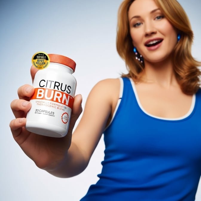 Woman holding CitrusBurn supplement bottle while measuring waist with tape for metabolism and weight support