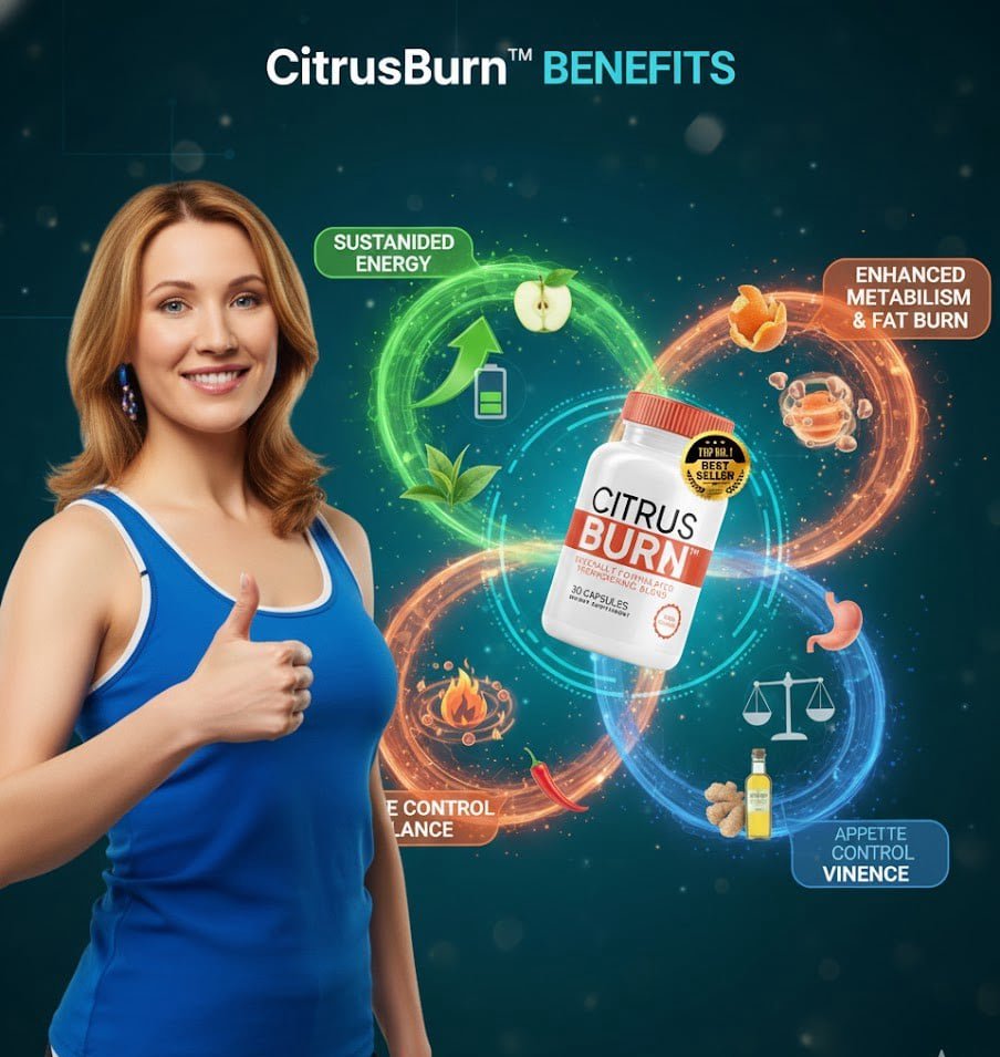  CitrusBurn™ marketing graphic highlighting natural energy, metabolism support, and appetite balance features.